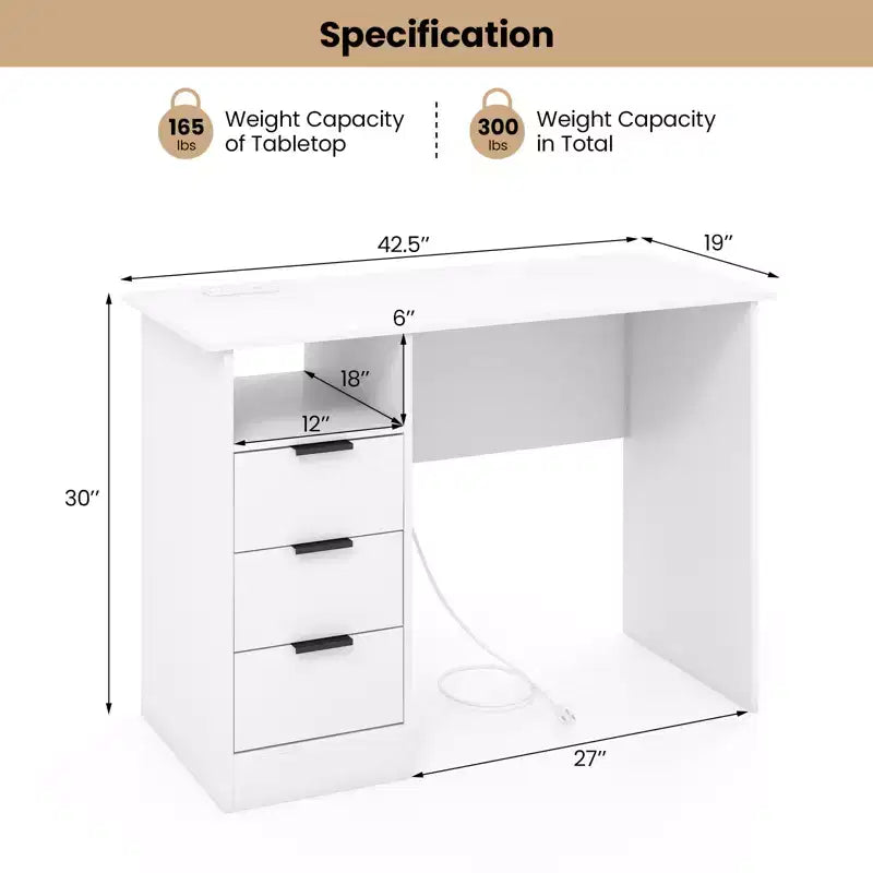Scrivania da Computer Costway da 42,5" con Stazione di Ricarica Integrata, 3 Cassetti e Ripiano Aperto
