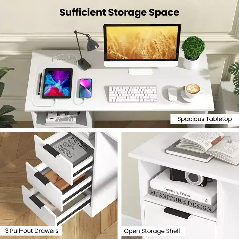 Scrivania da Computer Costway da 42,5" con Stazione di Ricarica Integrata, 3 Cassetti e Ripiano Aperto