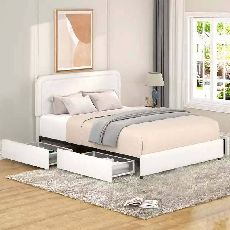Letto a piattaforma Queen con 4 cassetti, telaio imbottito Queen con testiera trapuntata curva e cucita, non necessita di rete a molle, avorio