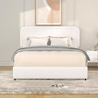 Letto a piattaforma Queen con 4 cassetti, telaio imbottito Queen con testiera trapuntata curva e cucita, non necessita di rete a molle, avorio