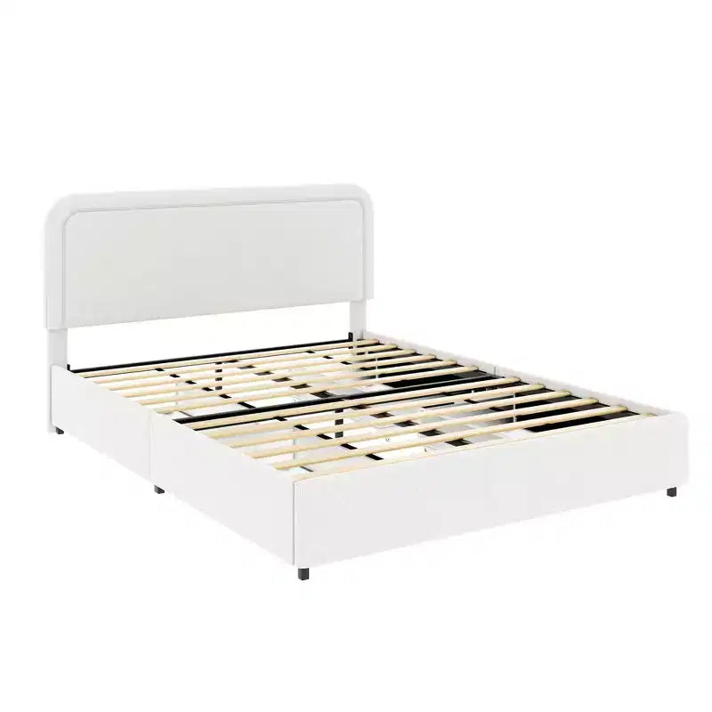 Letto a piattaforma Queen con 4 cassetti, telaio imbottito Queen con testiera trapuntata curva e cucita, non necessita di rete a molle, avorio