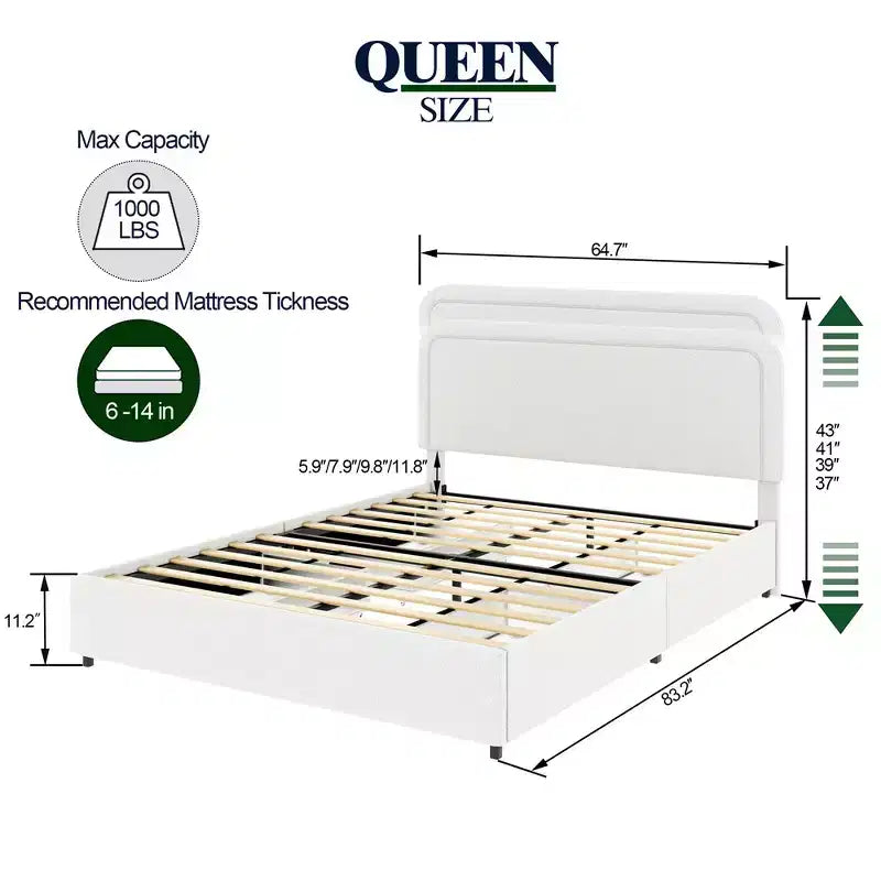 Letto a piattaforma Queen con 4 cassetti, telaio imbottito Queen con testiera trapuntata curva e cucita, non necessita di rete a molle, avorio