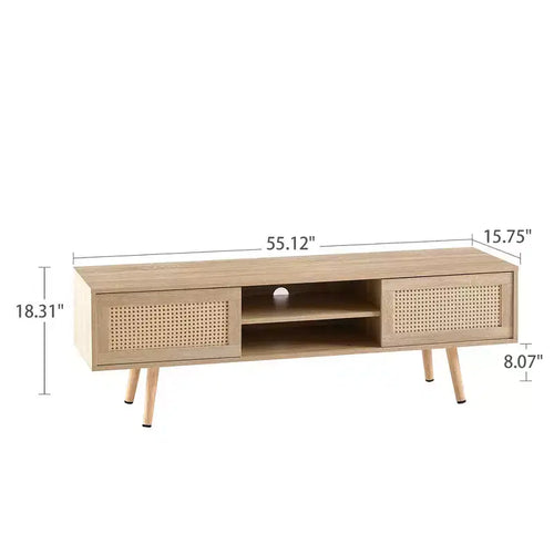 55.12 Mobile TV in Rattan, Supporto TV con Ripiani a Giorno, Doppie Ante Scorrevoli, Gambe in Legno Massello, Tavolino Consolle Multimediale per Soggiorno Camera da Letto
