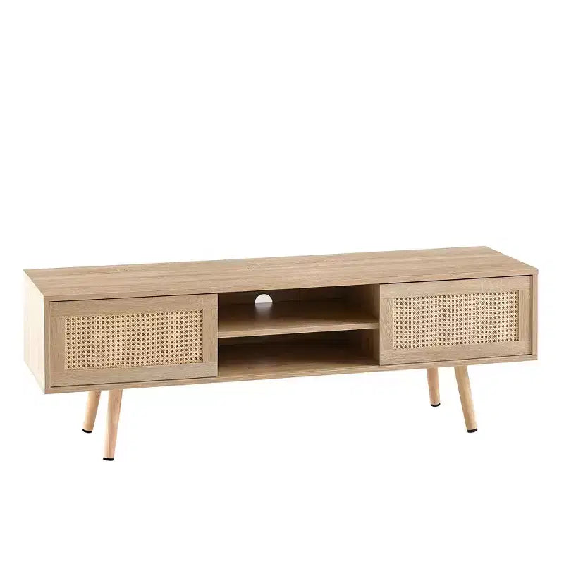 55.12 Mobile TV in Rattan, Supporto TV con Ripiani a Giorno, Doppie Ante Scorrevoli, Gambe in Legno Massello, Tavolino Consolle Multimediale per Soggiorno Camera da Letto