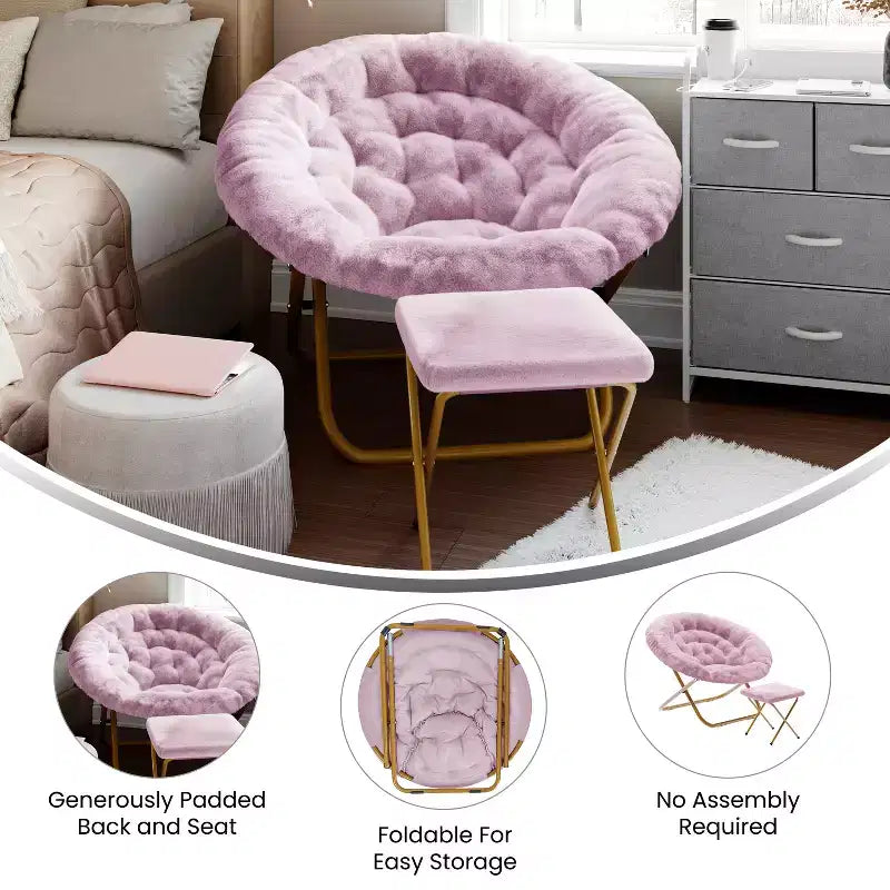 Flash Furniture Gwen 38 pollici, sedia a mezza luna pieghevole oversize portatile in pelliccia sintetica con poggiapiedi pieghevole per dormitorio e camera da letto