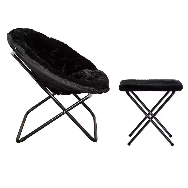 Flash Furniture Gwen 38 pollici, sedia a mezza luna pieghevole oversize portatile in pelliccia sintetica con poggiapiedi pieghevole per dormitorio e camera da letto