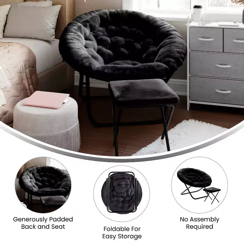 Flash Furniture Gwen 38 pollici, sedia a mezza luna pieghevole oversize portatile in pelliccia sintetica con poggiapiedi pieghevole per dormitorio e camera da letto