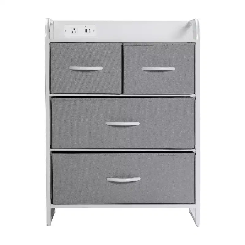 Flash Furniture Sodano Comodino a 4 Cassetti con Stazione di Ricarica, 2 Porte USB e 1 Presa, Struttura in Metallo, Piano, Cassetti e Maniglie in Legno Ingegnerizzato
