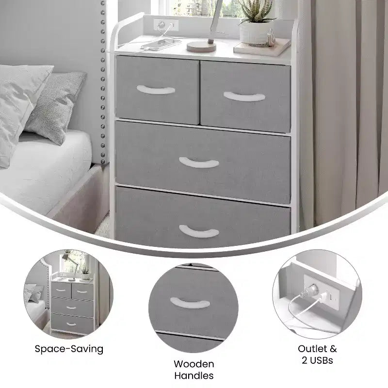 Flash Furniture Sodano Comodino a 4 Cassetti con Stazione di Ricarica, 2 Porte USB e 1 Presa, Struttura in Metallo, Piano, Cassetti e Maniglie in Legno Ingegnerizzato
