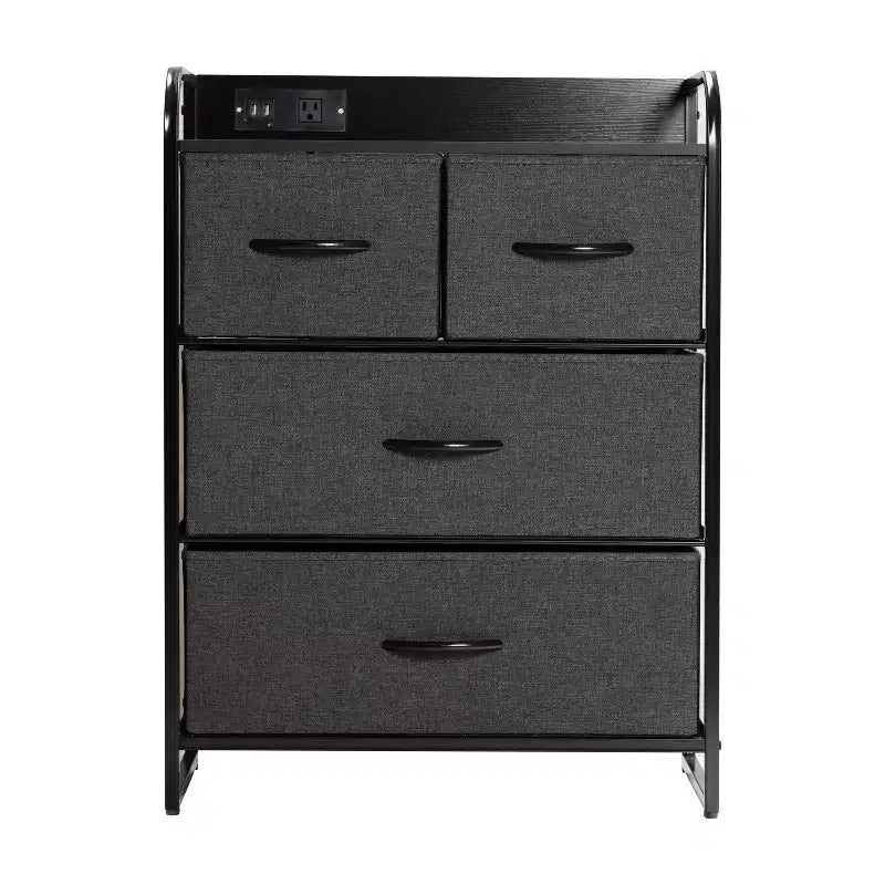 Flash Furniture Sodano Comodino a 4 Cassetti con Stazione di Ricarica, 2 Porte USB e 1 Presa, Struttura in Metallo, Piano, Cassetti e Maniglie in Legno Ingegnerizzato