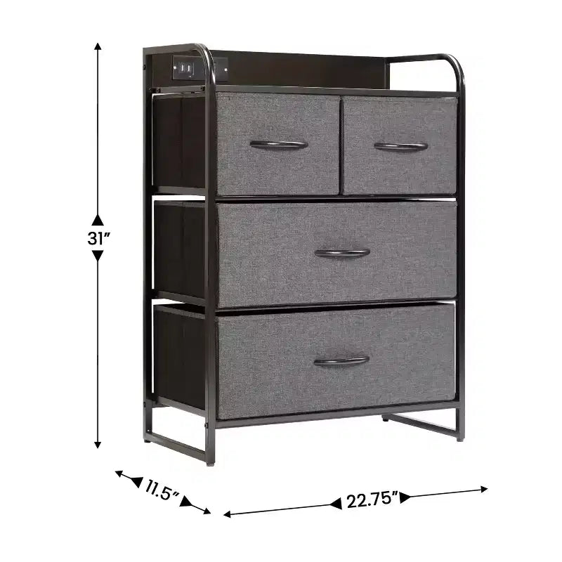Flash Furniture Sodano Comodino a 4 Cassetti con Stazione di Ricarica, 2 Porte USB e 1 Presa, Struttura in Metallo, Piano, Cassetti e Maniglie in Legno Ingegnerizzato