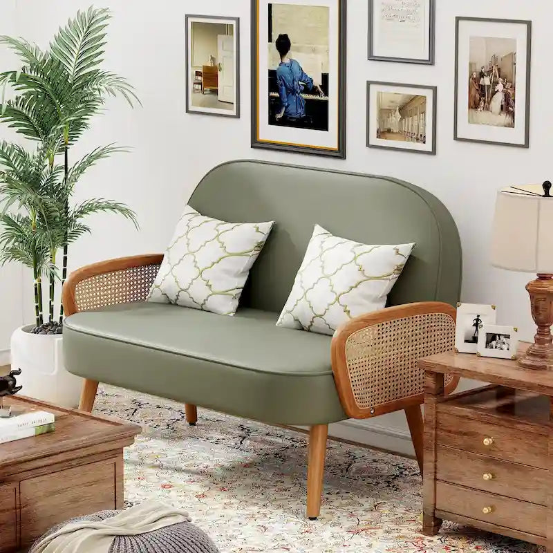 Divanetto Sofà Piccolo Divano per Soggiorno, Mini Divano Loveseat in Similpelle con Bracciolo in Rattan Naturale e Gambe in Legno Massello