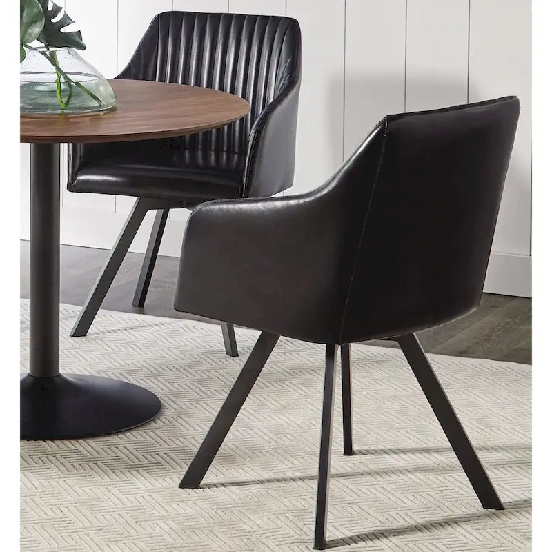 Sedia da pranzo girevole in similpelle nera dal design retrò con base in metallo