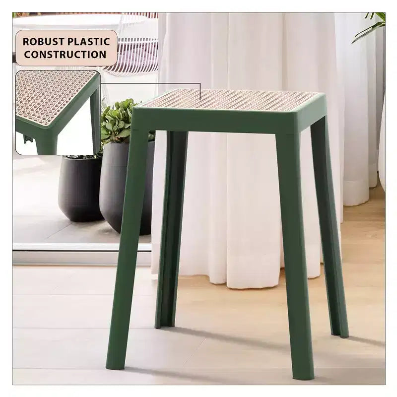 LeisureMod Tresse Sgabello da pranzo quadrato impilabile con piano in vimini, design leggero e durevole per uso in cucina, giardino, balcone, bar, terrazza o patio
