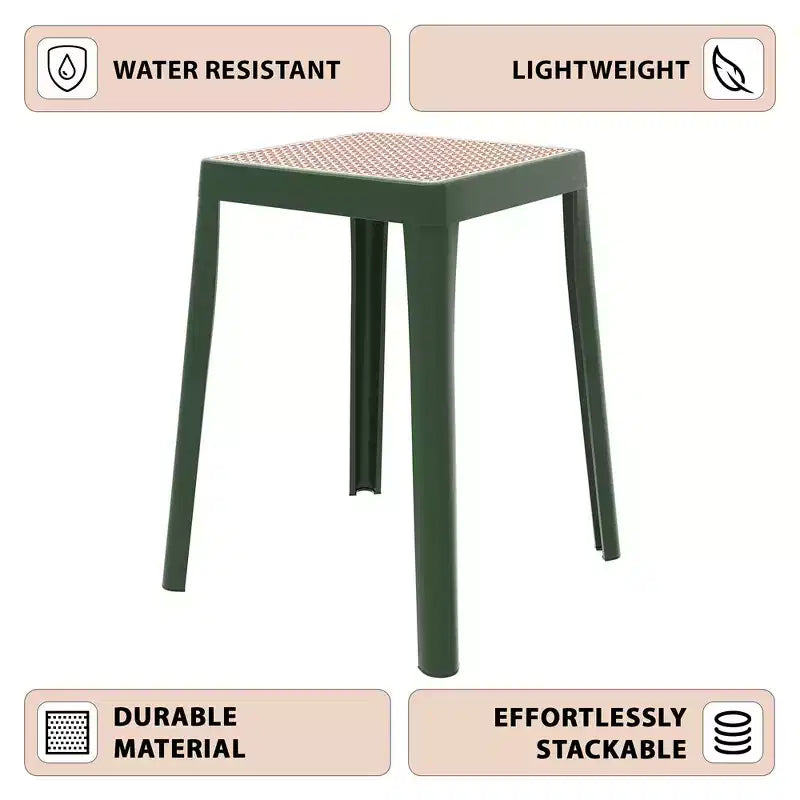 LeisureMod Tresse Sgabello da pranzo quadrato impilabile con piano in vimini, design leggero e durevole per uso in cucina, giardino, balcone, bar, terrazza o patio