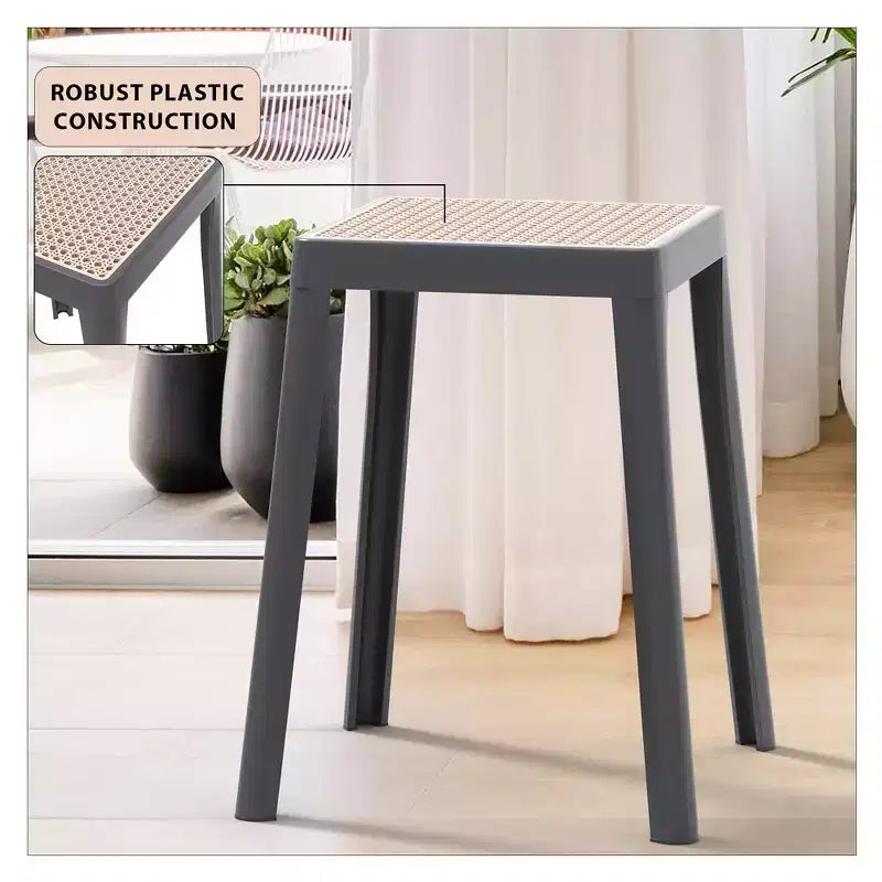 LeisureMod Tresse Sgabello da pranzo quadrato impilabile con piano in vimini, design leggero e durevole per uso in cucina, giardino, balcone, bar, terrazza o patio
