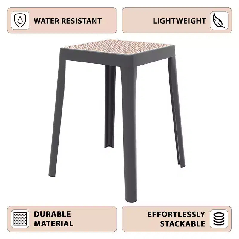 LeisureMod Tresse Sgabello da pranzo quadrato impilabile con piano in vimini, design leggero e durevole per uso in cucina, giardino, balcone, bar, terrazza o patio