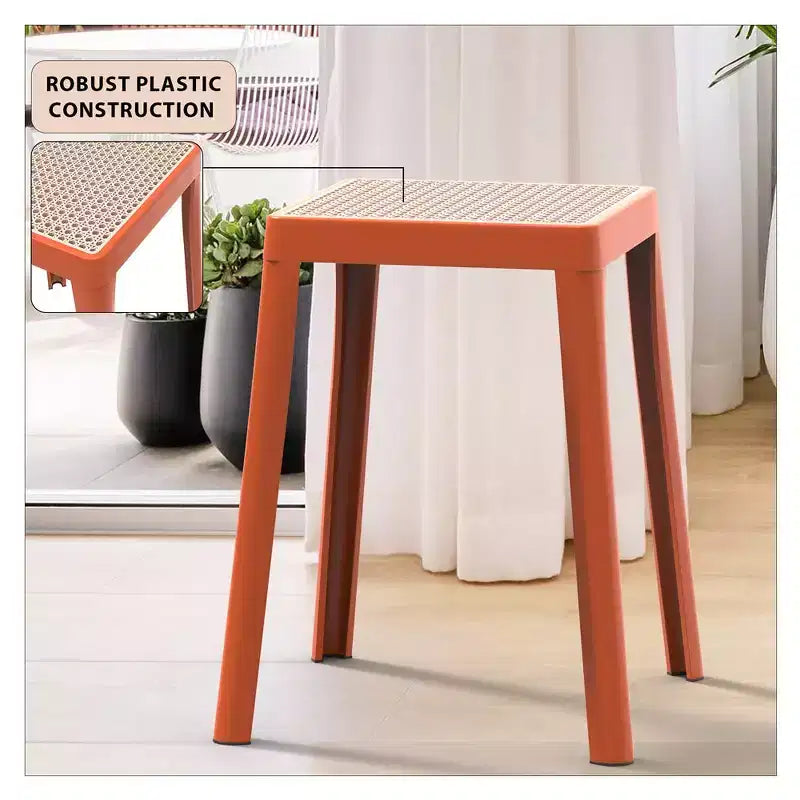 LeisureMod Tresse Sgabello da pranzo quadrato impilabile con piano in vimini, design leggero e durevole per uso in cucina, giardino, balcone, bar, terrazza o patio
