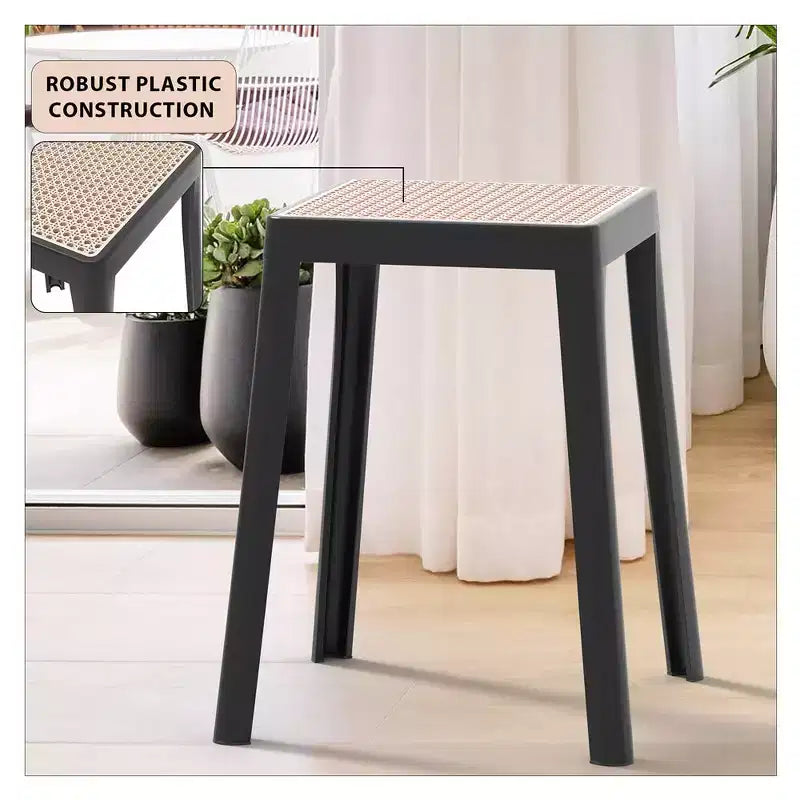 LeisureMod Tresse Sgabello da pranzo quadrato impilabile con piano in vimini, design leggero e durevole per uso in cucina, giardino, balcone, bar, terrazza o patio