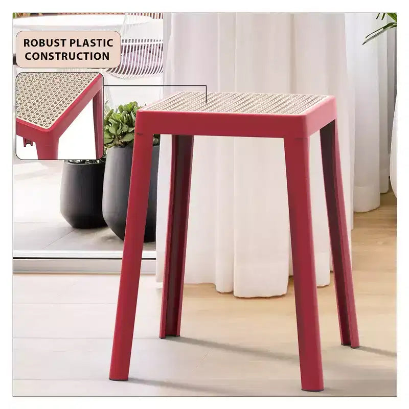 LeisureMod Tresse Sgabello da pranzo quadrato impilabile con piano in vimini, design leggero e durevole per uso in cucina, giardino, balcone, bar, terrazza o patio