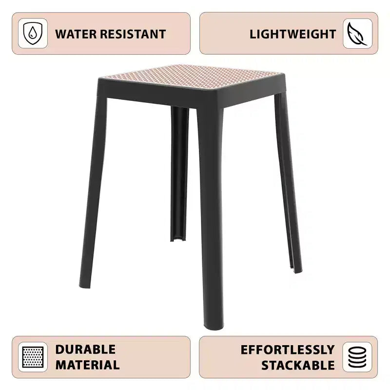LeisureMod Tresse Sgabello da pranzo quadrato impilabile con piano in vimini, design leggero e durevole per uso in cucina, giardino, balcone, bar, terrazza o patio
