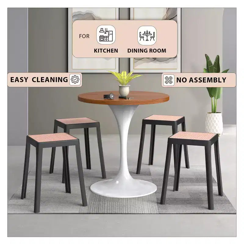 LeisureMod Tresse Sgabello da pranzo quadrato impilabile con piano in vimini, design leggero e durevole per uso in cucina, giardino, balcone, bar, terrazza o patio