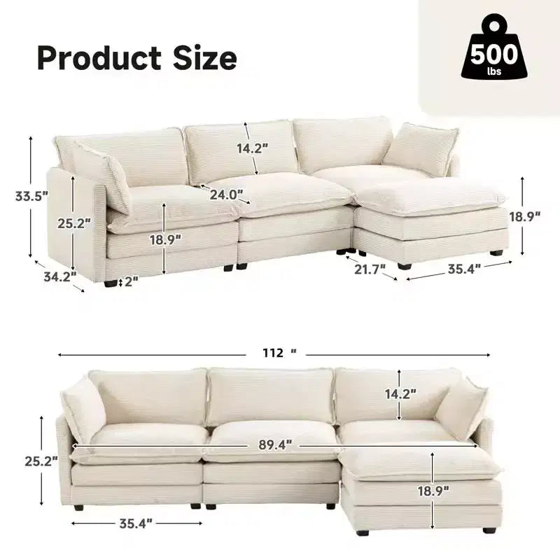 Divano Sezionale a 4 Pezzi Moderno in Velluto a Coste Likepay 112 pollici L con Pouf