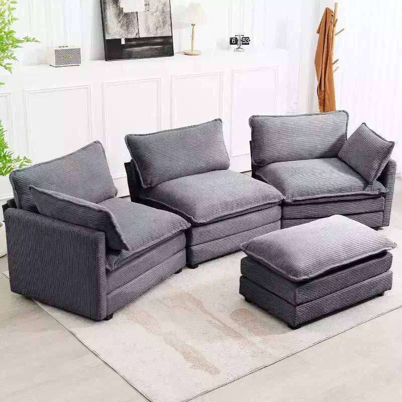Divano Sezionale a 4 Pezzi Moderno in Velluto a Coste Likepay 112 pollici L con Pouf
