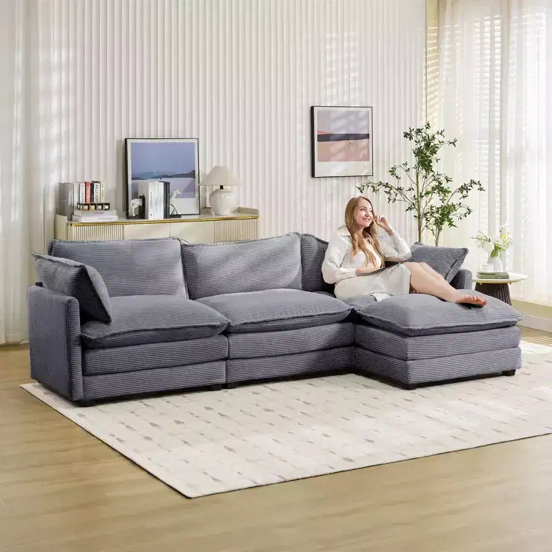 Divano Sezionale a 4 Pezzi Moderno in Velluto a Coste Likepay 112 pollici L con Pouf