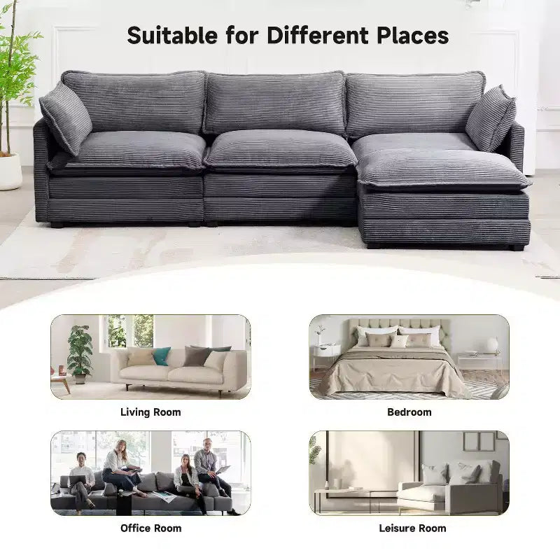 Divano Sezionale a 4 Pezzi Moderno in Velluto a Coste Likepay 112 pollici L con Pouf