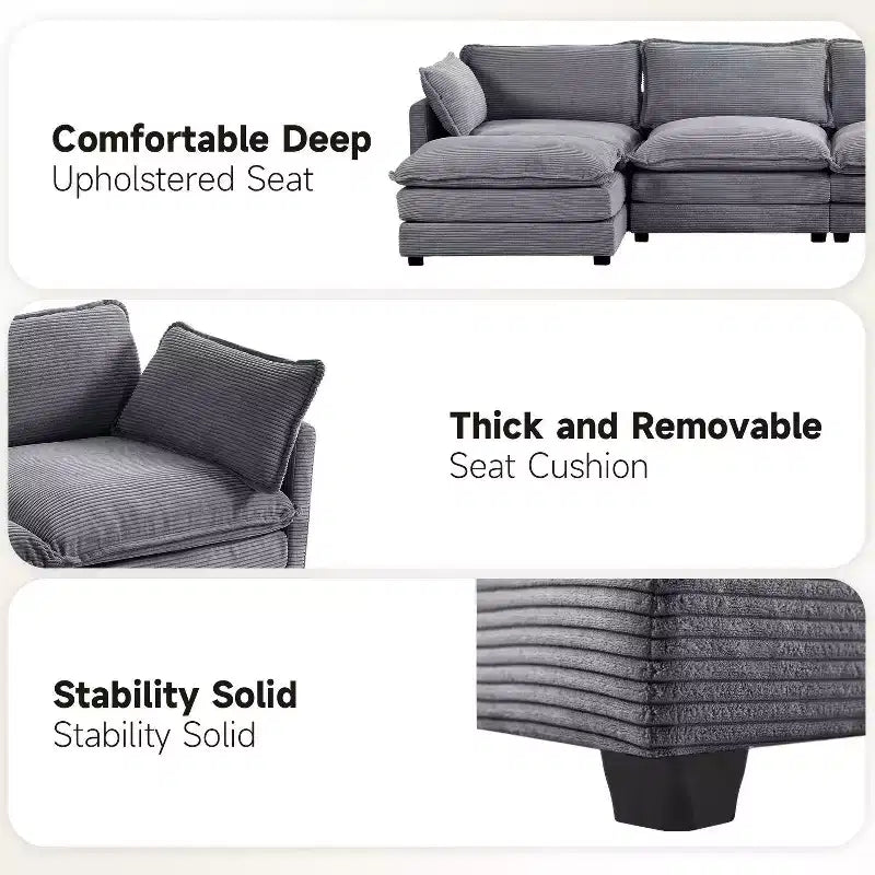 Divano Sezionale a 4 Pezzi Moderno in Velluto a Coste Likepay 112 pollici L con Pouf