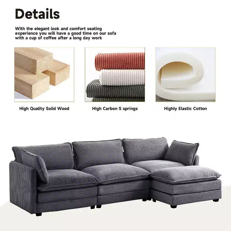 Divano Sezionale a 4 Pezzi Moderno in Velluto a Coste Likepay 112 pollici L con Pouf