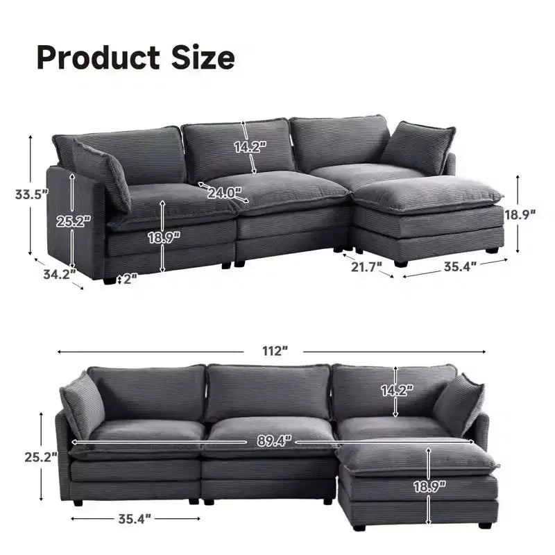 Divano Sezionale a 4 Pezzi Moderno in Velluto a Coste Likepay 112 pollici L con Pouf