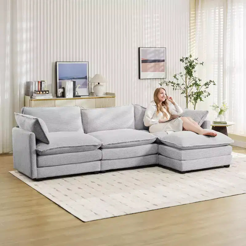 Divano Sezionale a 4 Pezzi Moderno in Velluto a Coste Likepay 112 pollici L con Pouf