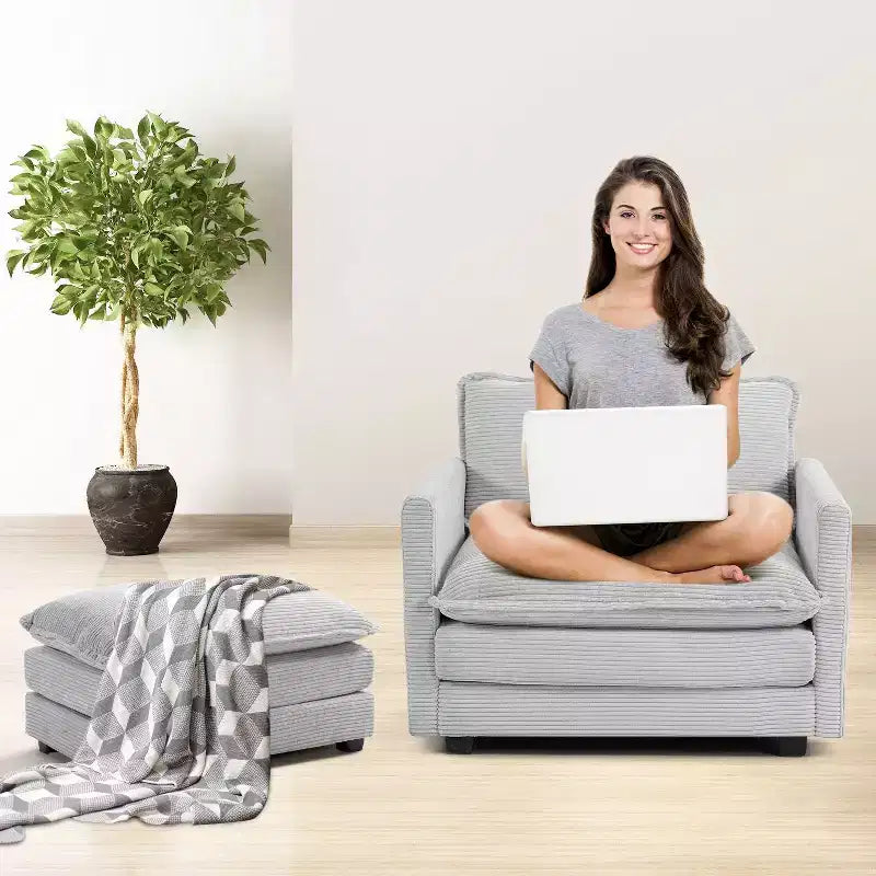 Divano Sezionale a 4 Pezzi Moderno in Velluto a Coste Likepay 112 pollici L con Pouf
