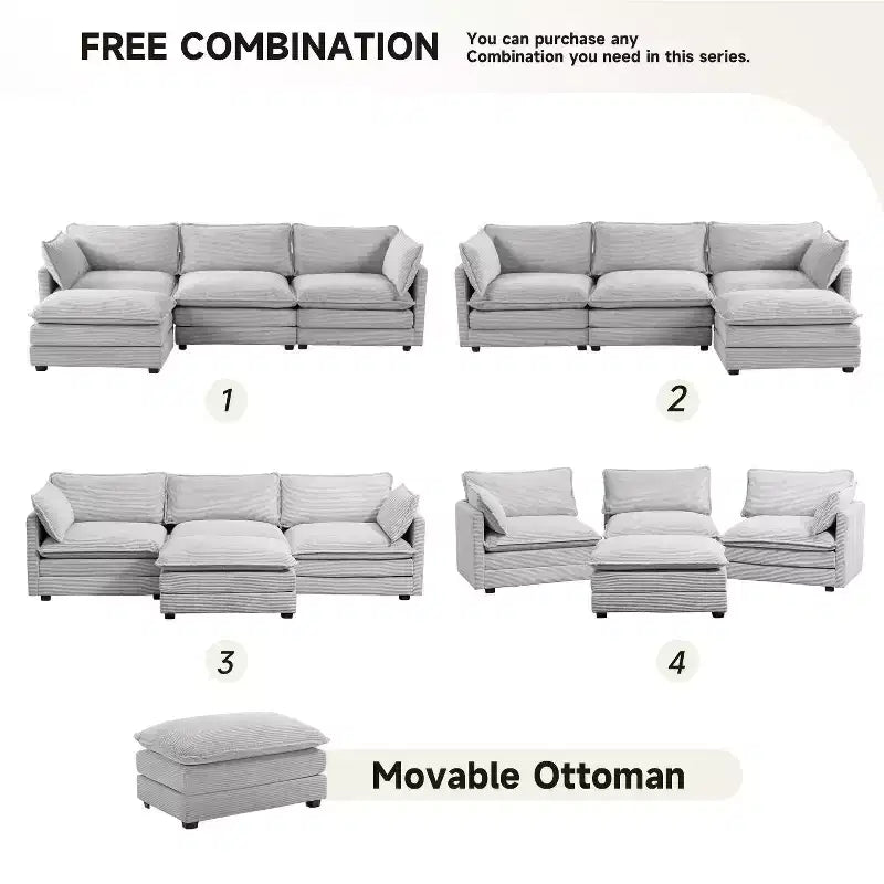 Divano Sezionale a 4 Pezzi Moderno in Velluto a Coste Likepay 112 pollici L con Pouf