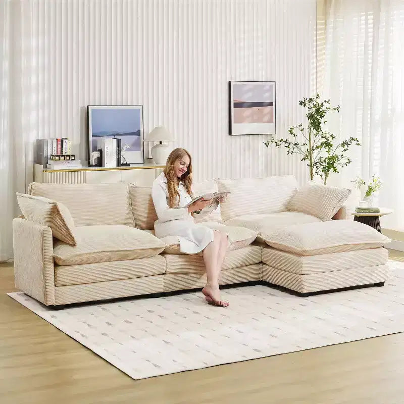Divano Sezionale a 4 Pezzi Moderno in Velluto a Coste Likepay 112 pollici L con Pouf