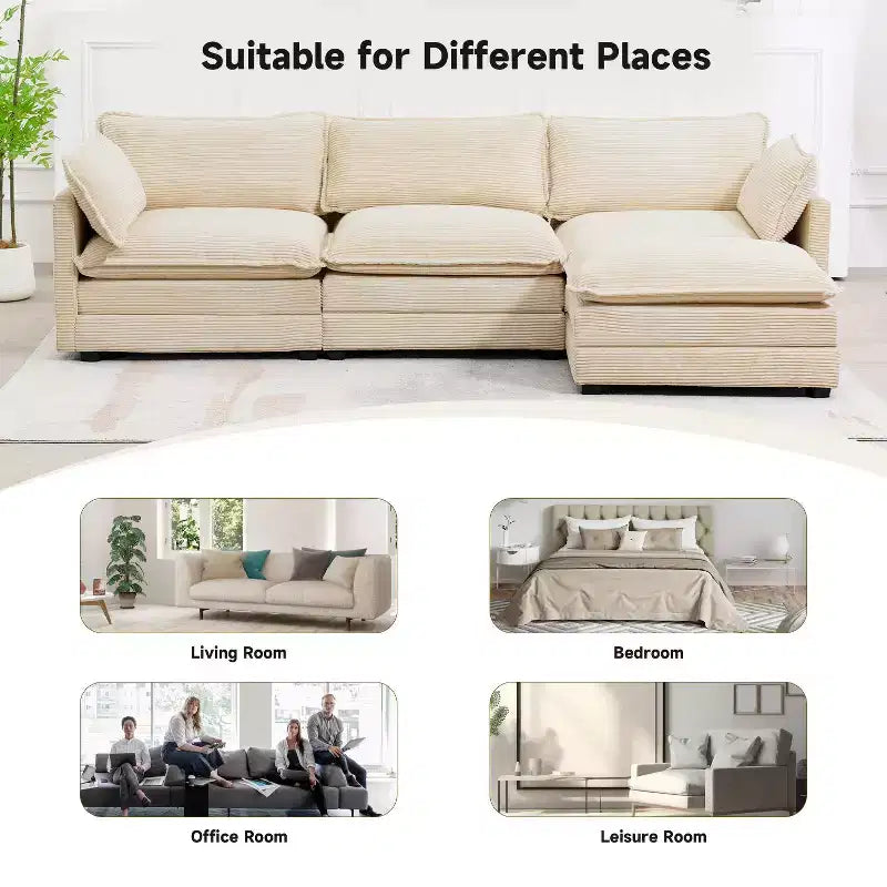 Divano Sezionale a 4 Pezzi Moderno in Velluto a Coste Likepay 112 pollici L con Pouf