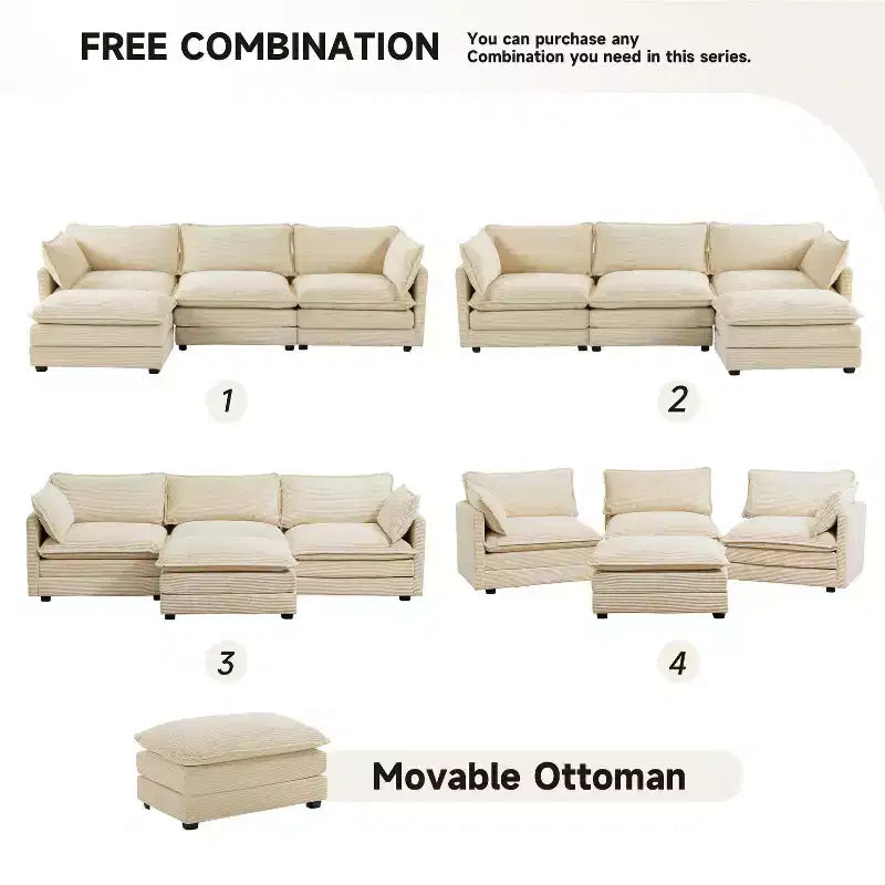 Divano Sezionale a 4 Pezzi Moderno in Velluto a Coste Likepay 112 pollici L con Pouf