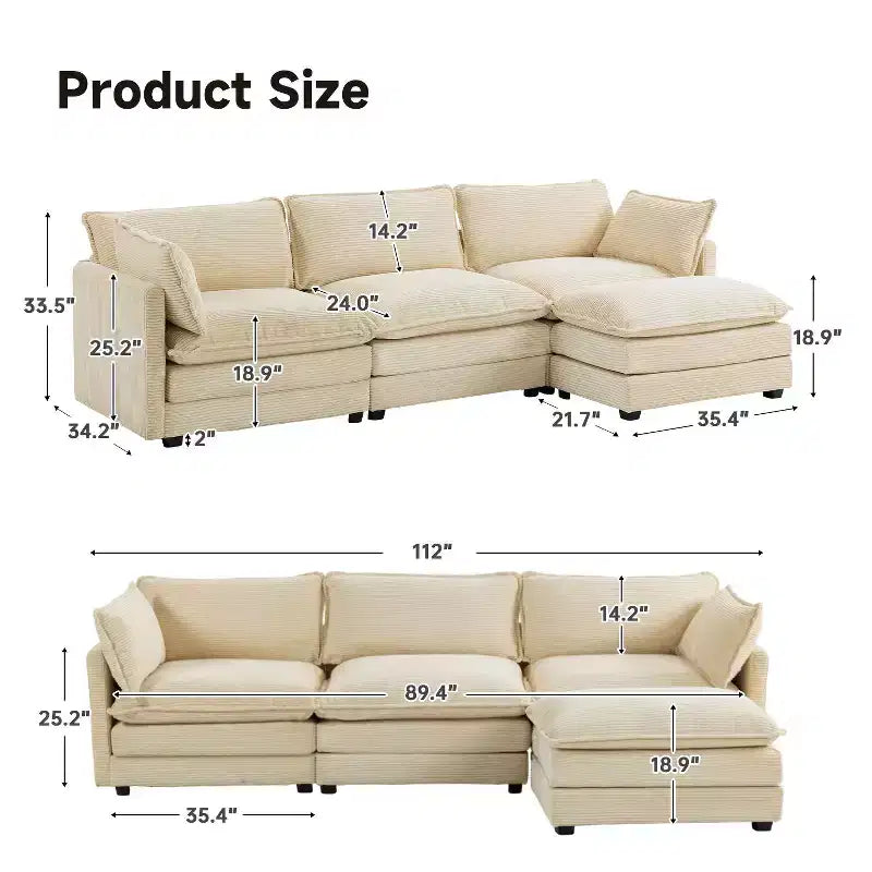 Divano Sezionale a 4 Pezzi Moderno in Velluto a Coste Likepay 112 pollici L con Pouf