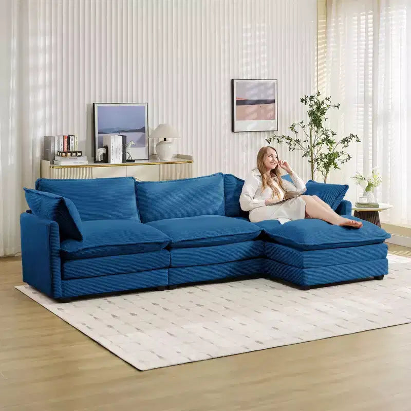 Divano Sezionale a 4 Pezzi Moderno in Velluto a Coste Likepay 112 pollici L con Pouf
