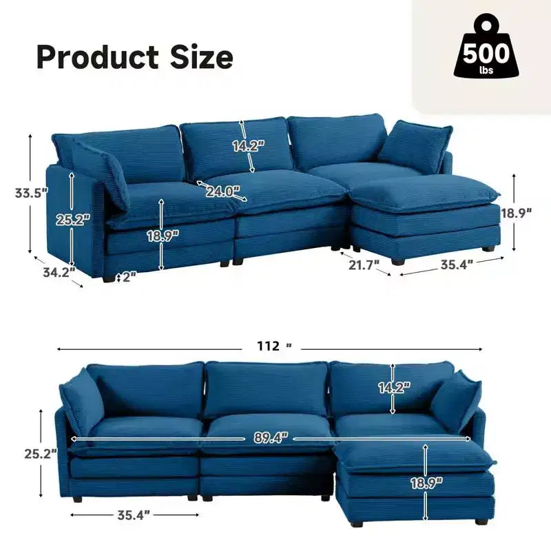 Divano Sezionale a 4 Pezzi Moderno in Velluto a Coste Likepay 112 pollici L con Pouf