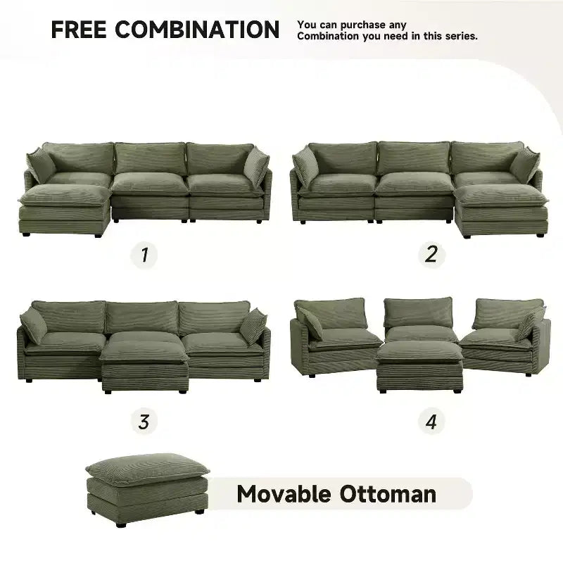 Divano Sezionale a 4 Pezzi Moderno in Velluto a Coste Likepay 112 pollici L con Pouf