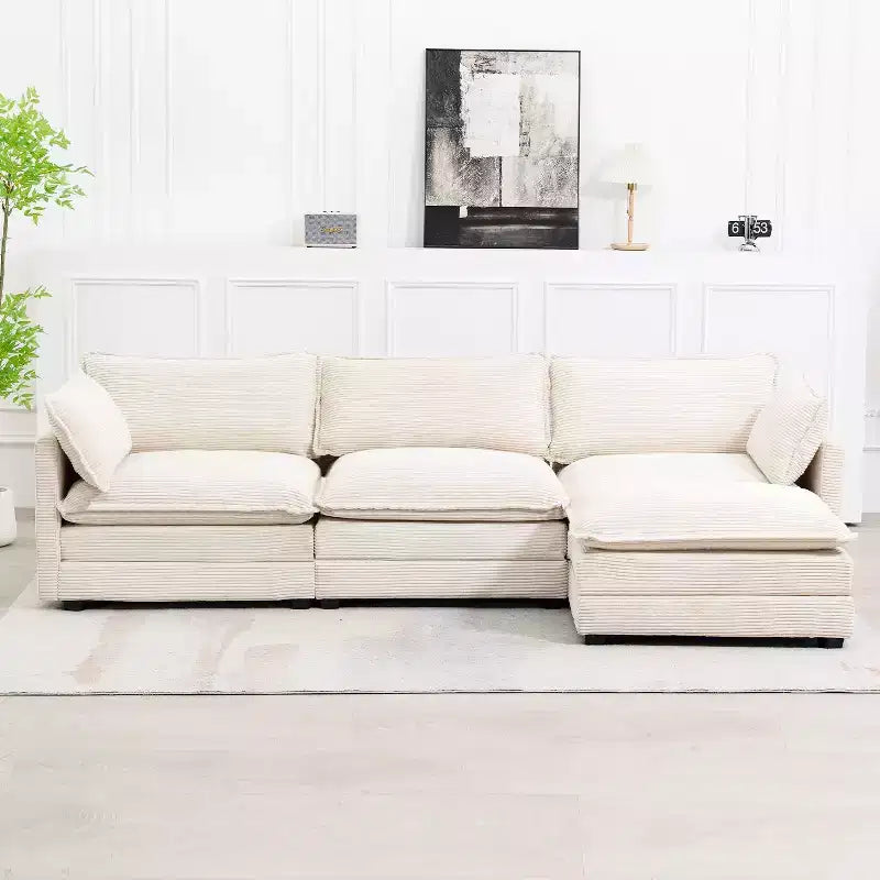 Likepay 112 in. W 4-Piece Modern Corduroy Fabric Sectional Sofa Couch with Ottoman