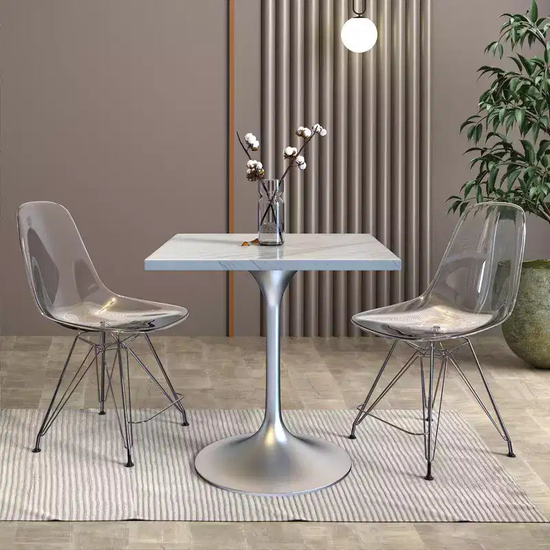 LeisureMod Verve 27 - Tavolo da pranzo quadrato - Piano moderno in resina con base a piedistallo in cromo spazzolato, tavolino d'appoggio per cucina e casa contemporanee