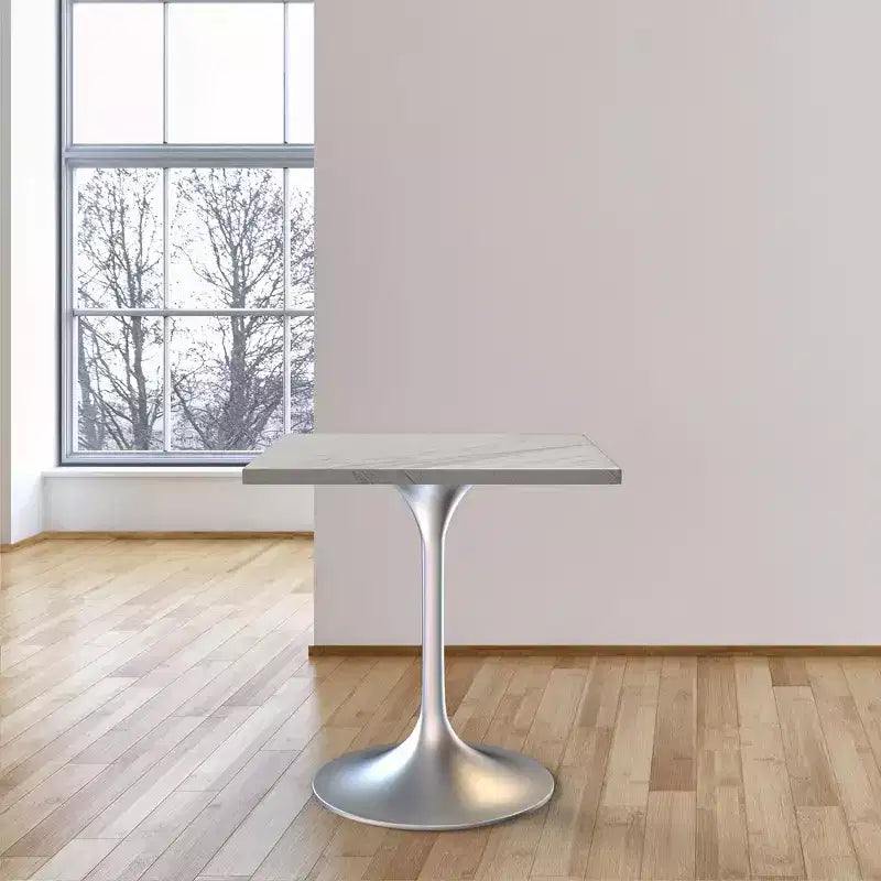 LeisureMod Verve 27 - Tavolo da pranzo quadrato - Piano moderno in resina con base a piedistallo in cromo spazzolato, tavolino d'appoggio per cucina e casa contemporanee