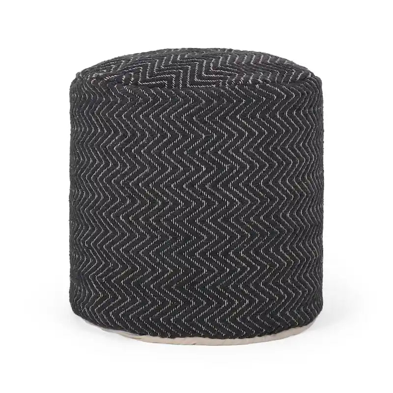 Pouf Cilindrico Zigzag Boho Intrecciato a Mano – Cotone e Imbottitura in Polistirolo, Nessun Montaggio