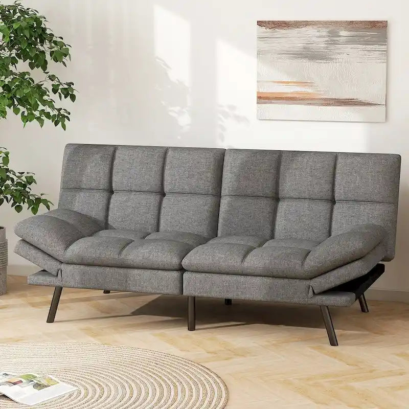 Divano Letto Futon in Memory Foam in Ecopelle, Divano Convertibile con Schienale Diviso Regolabile e Braccioli per Spazi Ridotti, Grigio