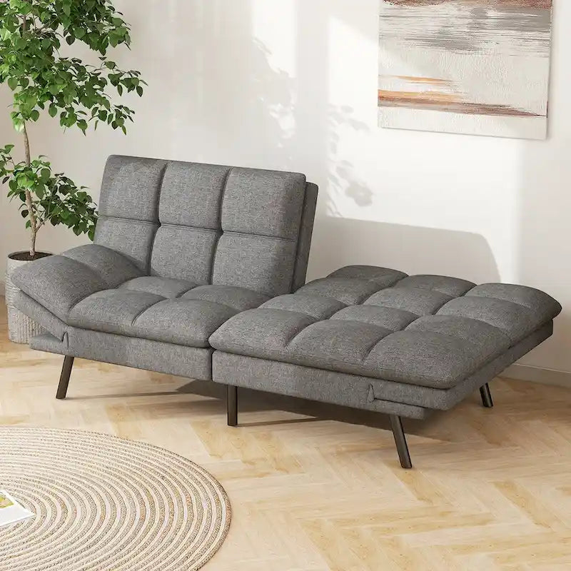 Divano Letto Futon in Memory Foam in Ecopelle, Divano Convertibile con Schienale Diviso Regolabile e Braccioli per Spazi Ridotti, Grigio