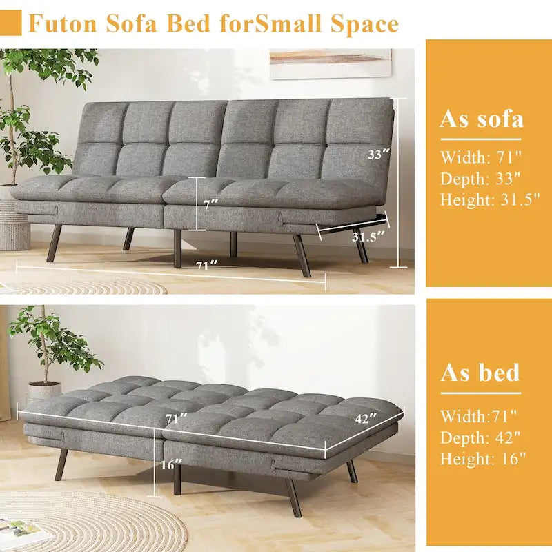 Divano Letto Futon in Memory Foam in Ecopelle, Divano Convertibile con Schienale Diviso Regolabile e Braccioli per Spazi Ridotti, Grigio